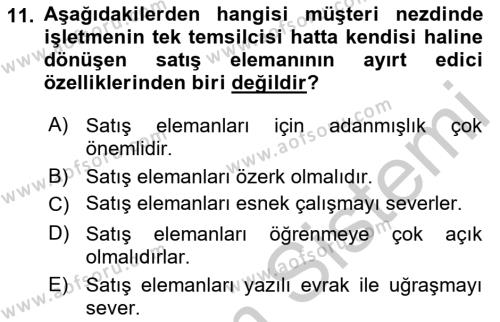 Satış Yönetimi Dersi 2018 - 2019 Yılı Yaz Okulu Sınavı 11. Soru