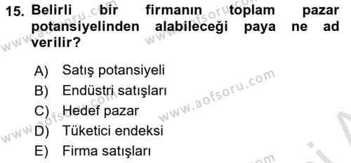 Satış Yönetimi Dersi 2021 - 2022 Yılı (Vize) Ara Sınavı 15. Soru