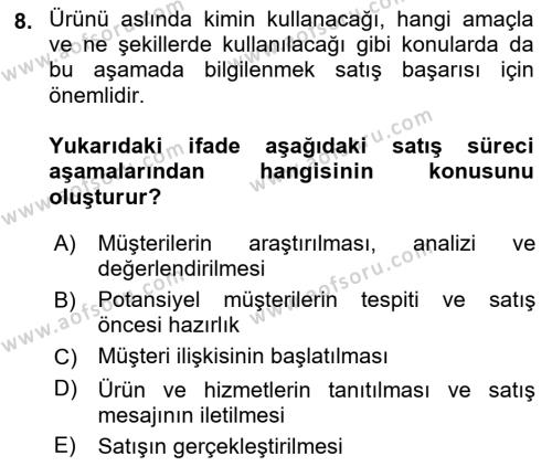 Satış Yönetimi Dersi 2021 - 2022 Yılı (Vize) Ara Sınavı 8. Soru