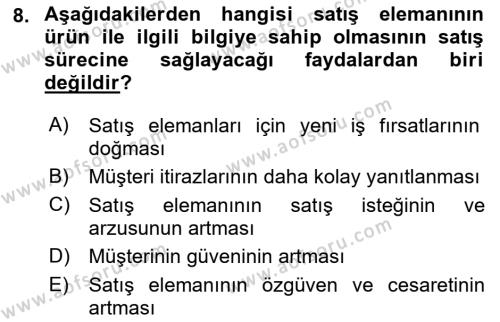 Satış Yönetimi Dersi 2021 - 2022 Yılı Yaz Okulu Sınavı 8. Soru