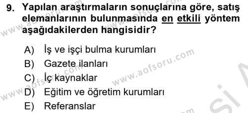 Satış Yönetimi Dersi 2021 - 2022 Yılı Yaz Okulu Sınavı 9. Soru