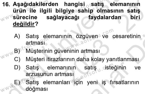 Satış Yönetimi Dersi 2022 - 2023 Yılı (Vize) Ara Sınavı 16. Soru