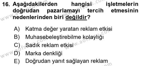 Tanıtım Ve Pazarlama 1 Dersi 2021 - 2022 Yılı Yaz Okulu Sınavı 16. Soru