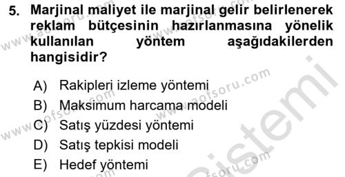 Tanıtım Ve Pazarlama 1 Dersi 2021 - 2022 Yılı Yaz Okulu Sınavı 5. Soru