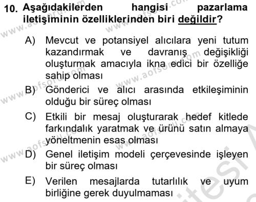 Tanıtım Ve Pazarlama Dersi 2017 - 2018 Yılı (Vize) Ara Sınavı 10. Soru