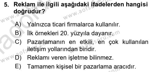 Tanıtım Ve Pazarlama Dersi 2018 - 2019 Yılı 3 Ders Sınavı 5. Soru