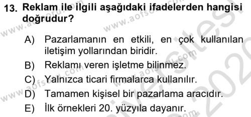 Tanıtım Ve Pazarlama Dersi 2019 - 2020 Yılı (Vize) Ara Sınavı 13. Soru