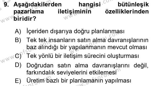 Tanıtım Ve Pazarlama Dersi 2019 - 2020 Yılı (Vize) Ara Sınavı 9. Soru