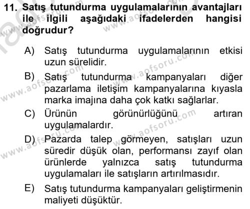 Tanıtım Ve Pazarlama Dersi 2019 - 2020 Yılı (Final) Dönem Sonu Sınavı 11. Soru