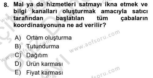 Tanıtım Ve Pazarlama Dersi 2021 - 2022 Yılı (Vize) Ara Sınavı 8. Soru