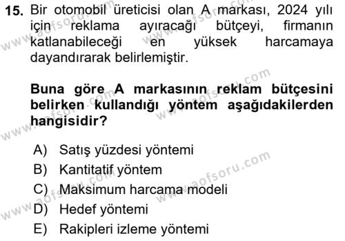 Tanıtım Ve Pazarlama Dersi 2023 - 2024 Yılı (Vize) Ara Sınavı 15. Soru