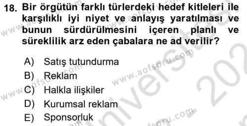 Tanıtım Ve Pazarlama Dersi 2023 - 2024 Yılı (Final) Dönem Sonu Sınavı 18. Soru