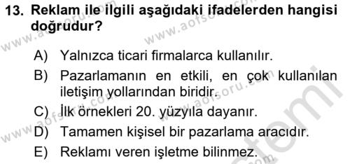 Tanıtım Ve Pazarlama Dersi 2024 - 2025 Yılı (Vize) Ara Sınavı 13. Soru