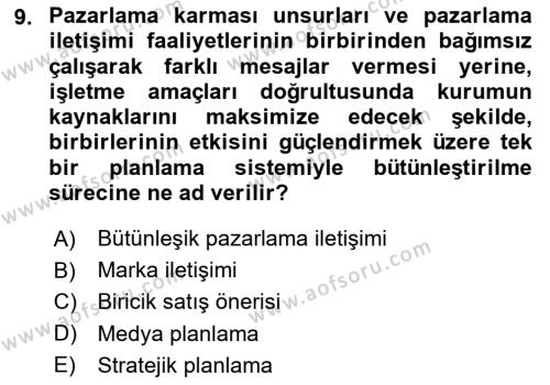 Tanıtım Ve Pazarlama Dersi 2024 - 2025 Yılı (Vize) Ara Sınavı 9. Soru