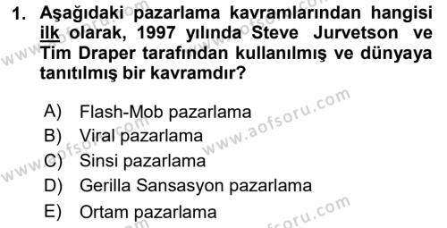 Pazarlama İletişimi Dersi 2020 - 2021 Yılı Yaz Okulu Sınavı 1. Soru