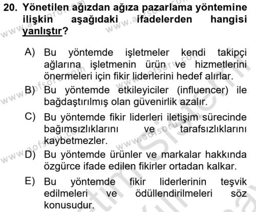 Pazarlama İletişimi Dersi 2023 - 2024 Yılı (Final) Dönem Sonu Sınavı 20. Soru