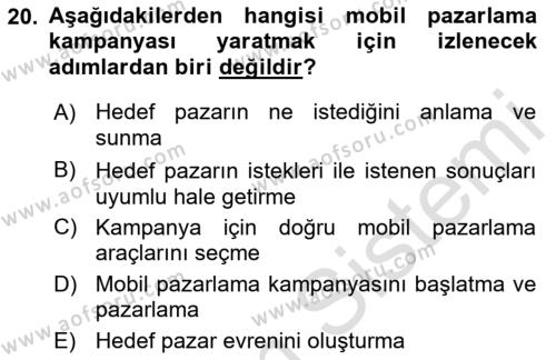 İnternet Ve Mobil Pazarlama Dersi 2021 - 2022 Yılı Yaz Okulu Sınavı 20. Soru