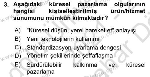 Küresel Pazarlama Dersi 2021 - 2022 Yılı (Vize) Ara Sınavı 3. Soru