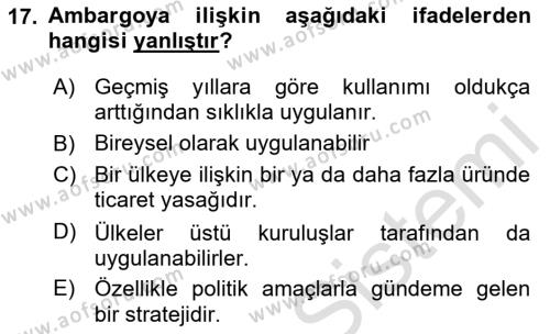 Küresel Pazarlama Dersi 2023 - 2024 Yılı (Vize) Ara Sınavı 17. Soru