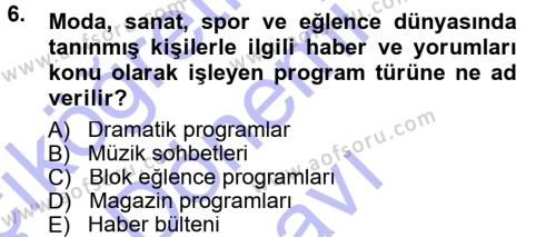 Radyo ve Televizyon Programcılığının Temel Kavramları Dersi 2012 - 2013 Yılı (Final) Dönem Sonu Sınavı 6. Soru
