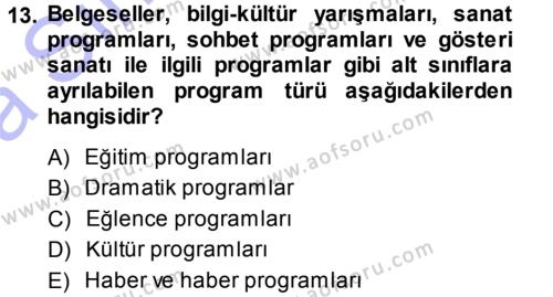 Radyo ve Televizyon Programcılığının Temel Kavramları Dersi 2013 - 2014 Yılı (Vize) Ara Sınavı 13. Soru
