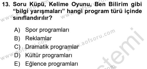 Radyo ve Televizyon Programcılığının Temel Kavramları Dersi 2024 - 2025 Yılı (Vize) Ara Sınavı 13. Soru