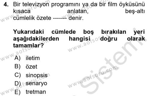 Radyo ve Televizyon Programcılığının Temel Kavramları Dersi 2024 - 2025 Yılı (Vize) Ara Sınavı 4. Soru