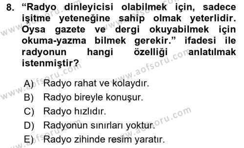 Radyo ve Televizyon Programcılığının Temel Kavramları Dersi 2024 - 2025 Yılı (Vize) Ara Sınavı 8. Soru