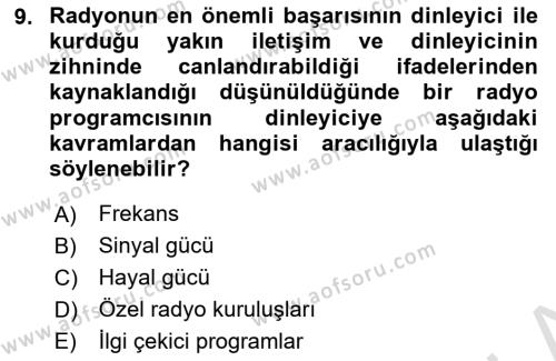 Radyo ve Televizyon Programcılığının Temel Kavramları Dersi 2024 - 2025 Yılı (Vize) Ara Sınavı 9. Soru