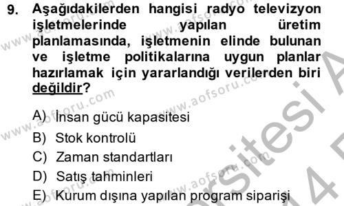 Radyo ve Televizyon İşletmeciliği Dersi 2013 - 2014 Yılı (Vize) Ara Sınavı 9. Soru