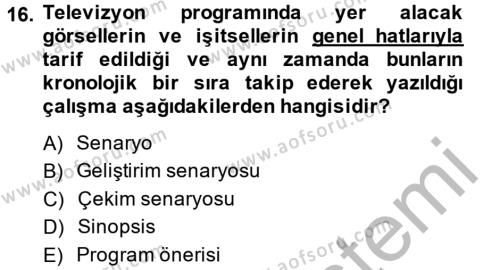 Radyo ve Televizyon Stüdyoları Dersi 2014 - 2015 Yılı (Vize) Ara Sınavı 16. Soru