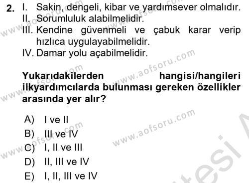 Temel İlk Yardım Bilgisi Dersi 2023 - 2024 Yılı (Vize) Ara Sınavı 2. Soru