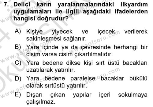 Temel İlk Yardım Bilgisi Dersi 2023 - 2024 Yılı Yaz Okulu Sınavı 7. Soru