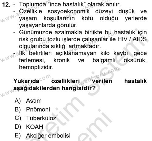 Temel Sağlık Ve Hastalık Bilgisi Dersi 2024 - 2025 Yılı (Vize) Ara Sınavı 12. Soru