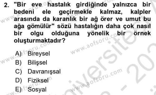 Sağlık Psikolojisi Dersi 2023 - 2024 Yılı (Vize) Ara Sınavı 2. Soru