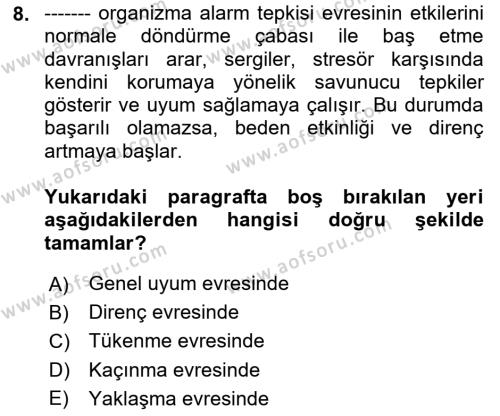 Sağlık Psikolojisi Dersi 2023 - 2024 Yılı (Vize) Ara Sınavı 8. Soru