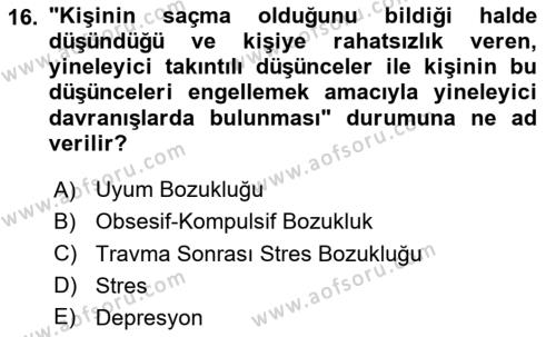 Sağlık Psikolojisi Dersi 2023 - 2024 Yılı (Final) Dönem Sonu Sınavı 16. Soru