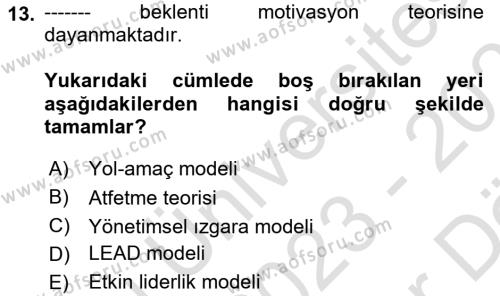 Sağlık İşletmelerinde Davranış Dersi 2023 - 2024 Yılı (Vize) Ara Sınavı 13. Soru