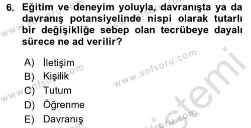 Sağlık İşletmelerinde Davranış Dersi 2023 - 2024 Yılı (Vize) Ara Sınavı 6. Soru