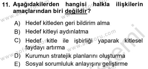 Sağlık İşletmelerinde Halkla İlişkiler Dersi 2021 - 2022 Yılı Yaz Okulu Sınavı 11. Soru