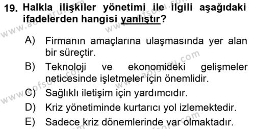 Sağlık İşletmelerinde Halkla İlişkiler Dersi 2022 - 2023 Yılı (Vize) Ara Sınavı 19. Soru