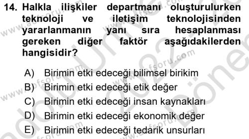 Sağlık İşletmelerinde Halkla İlişkiler Dersi 2022 - 2023 Yılı (Final) Dönem Sonu Sınavı 14. Soru