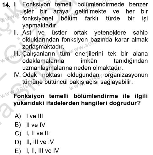 Sağlık İşletmelerinde Yönetim Dersi 2021 - 2022 Yılı (Vize) Ara Sınavı 14. Soru