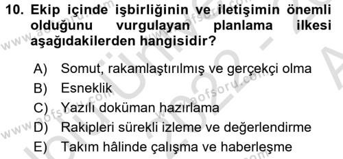 Sağlık İşletmelerinde Yönetim Dersi 2022 - 2023 Yılı (Vize) Ara Sınavı 10. Soru