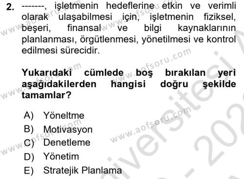 Sağlık İşletmelerinde Yönetim Dersi 2022 - 2023 Yılı (Vize) Ara Sınavı 2. Soru