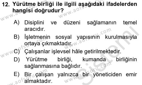 Sağlık İşletmelerinde Yönetim Dersi 2023 - 2024 Yılı (Vize) Ara Sınavı 12. Soru