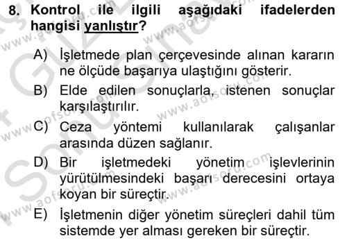 Sağlık İşletmelerinde Yönetim Dersi 2023 - 2024 Yılı (Final) Dönem Sonu Sınavı 8. Soru