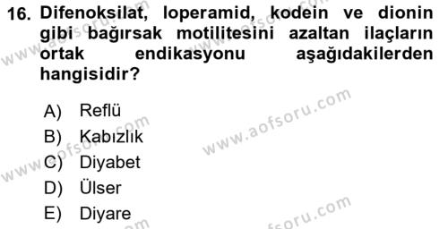 Temel İlaç Bilgisi Ve Akılcı İlaç Kullanımı Dersi 2018 - 2019 Yılı (Vize) Ara Sınavı 16. Soru