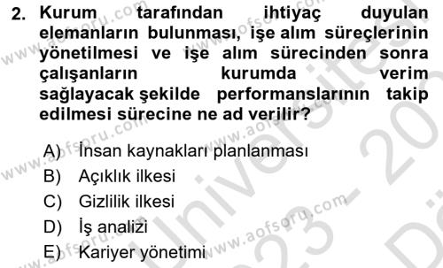 Sağlık İşletmelerinde İnsan Kaynakları Yönetimi Dersi 2023 - 2024 Yılı (Vize) Ara Sınavı 2. Soru