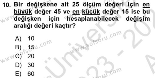 Sağlık Alanında İstatistik Dersi 2023 - 2024 Yılı (Vize) Ara Sınavı 10. Soru